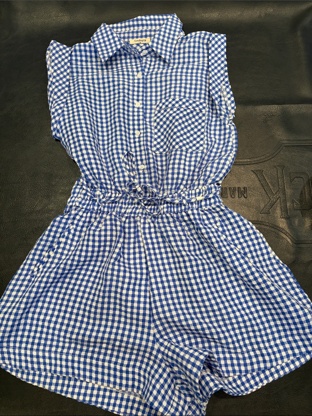 Sunday Blue & White Gingham Button-Front Romper women’s Medium 4/6 - Picture 1 of 4